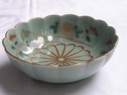 Celadon bowl with chrysanthemum and fans, 1740-1770